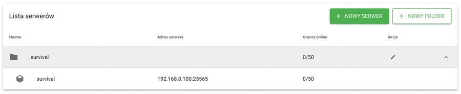 zrzut ekranu pokazujący nowo utworzony serwer z podanymi wyżej przykładowymi danymi