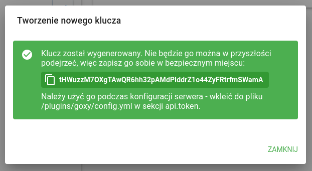 zrzut ekranu pokazujący informację o utworzeniu nowego klucza