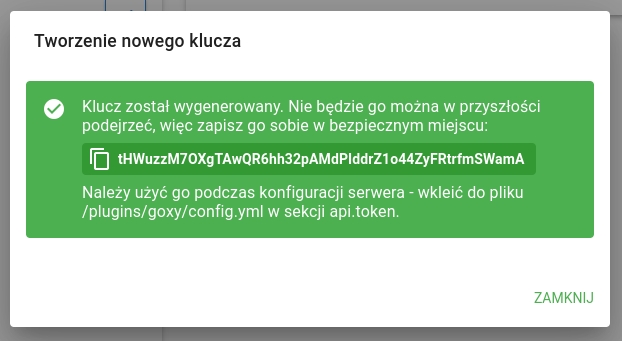 zrzut ekranu pokazujący informację o utworzeniu nowego klucza
